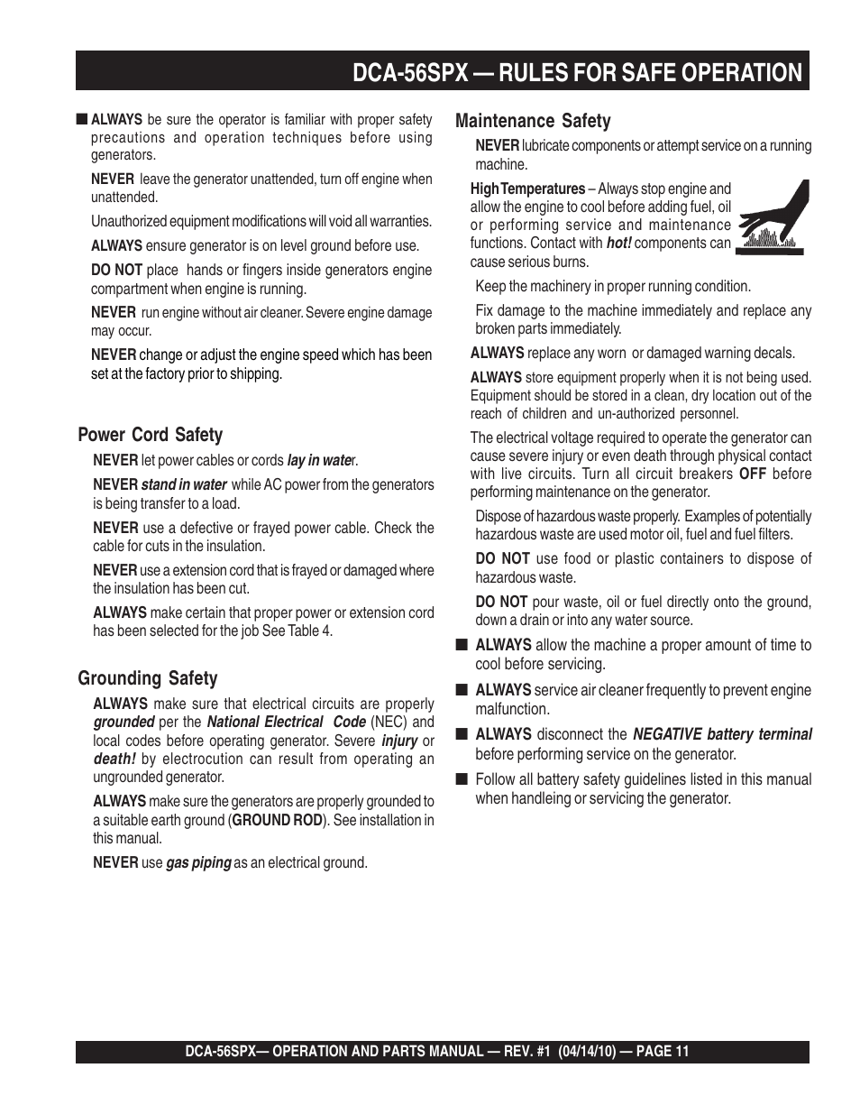 1dca-56spx — rules for safe operation | Multiquip WHISPERWATTTM SERIES 60 Hz GENERATOR DCA-56SPX User Manual | Page 11 / 86