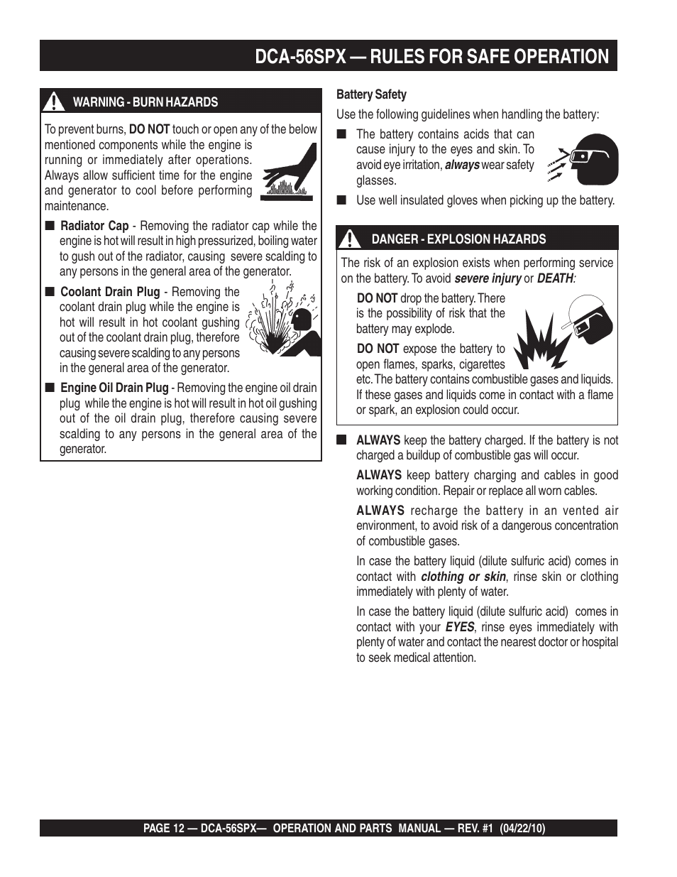 Dca-56spx — rules for safe operation | Multiquip WHISPERWATTTM SERIES 60 Hz GENERATOR DCA-56SPX User Manual | Page 12 / 86