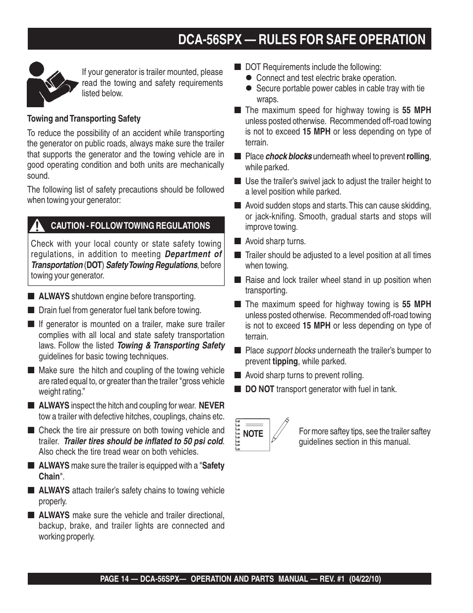 Dca-56spx — rules for safe operation | Multiquip WHISPERWATTTM SERIES 60 Hz GENERATOR DCA-56SPX User Manual | Page 14 / 86