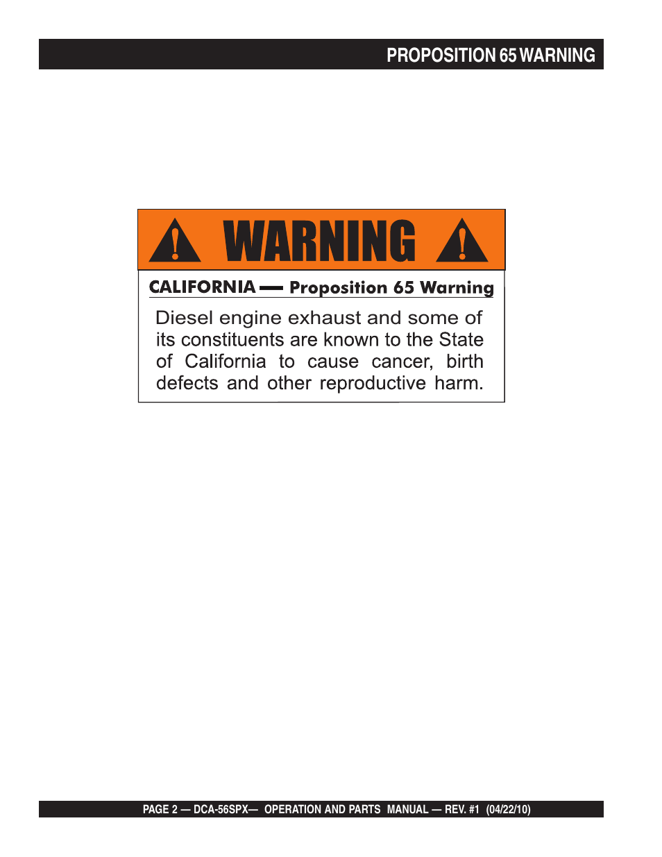 Proposition 65 warning | Multiquip WHISPERWATTTM SERIES 60 Hz GENERATOR DCA-56SPX User Manual | Page 2 / 86