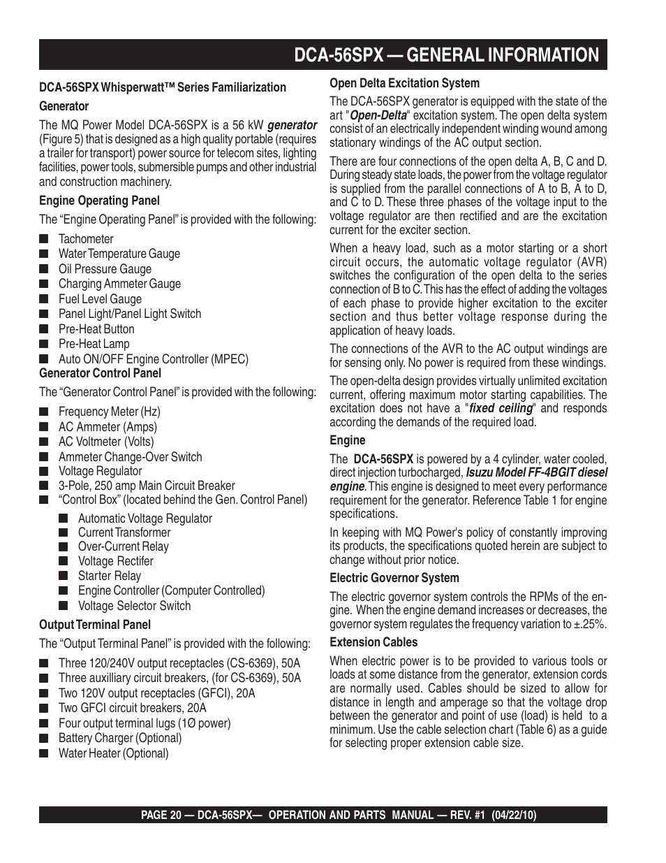 Dca-56spx — general information | Multiquip WHISPERWATTTM SERIES 60 Hz GENERATOR DCA-56SPX User Manual | Page 20 / 86