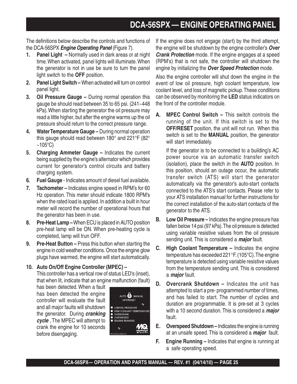 1dca-56spx — engine operating panel | Multiquip WHISPERWATTTM SERIES 60 Hz GENERATOR DCA-56SPX User Manual | Page 25 / 86