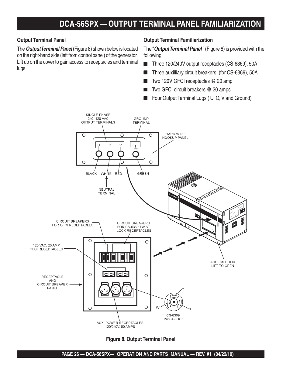 Dca-56spx — output terminal panel familiarization | Multiquip WHISPERWATTTM SERIES 60 Hz GENERATOR DCA-56SPX User Manual | Page 26 / 86