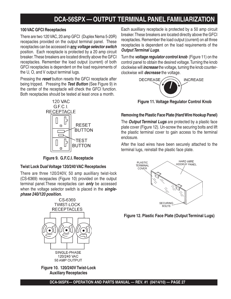 Dca-56spx — output terminal panel familiarization | Multiquip WHISPERWATTTM SERIES 60 Hz GENERATOR DCA-56SPX User Manual | Page 27 / 86