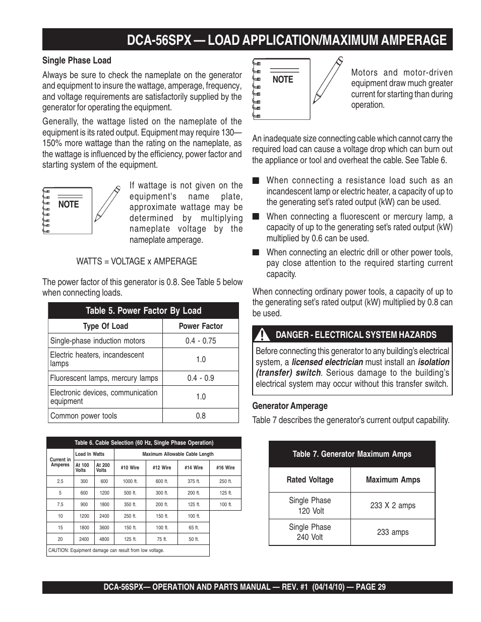 1dca-56spx — load application/maximum amperage | Multiquip WHISPERWATTTM SERIES 60 Hz GENERATOR DCA-56SPX User Manual | Page 29 / 86