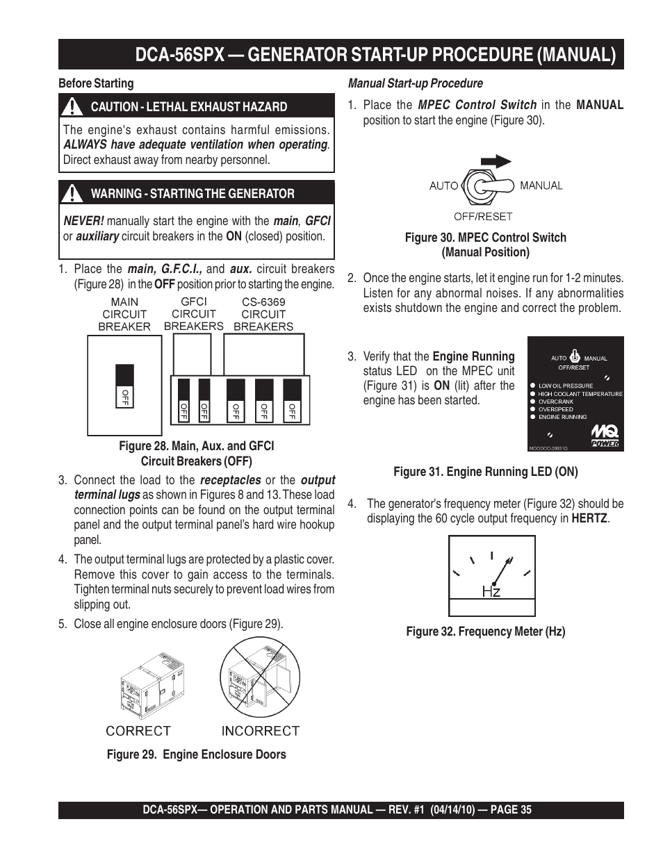 Dca-56spx — generator start-up procedure (manual) | Multiquip WHISPERWATTTM SERIES 60 Hz GENERATOR DCA-56SPX User Manual | Page 35 / 86