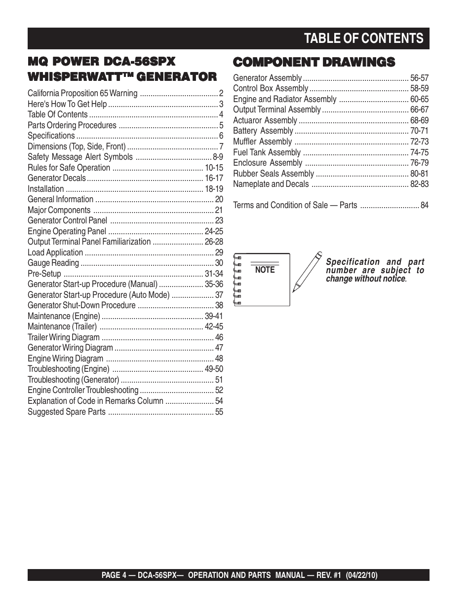 Multiquip WHISPERWATTTM SERIES 60 Hz GENERATOR DCA-56SPX User Manual | Page 4 / 86