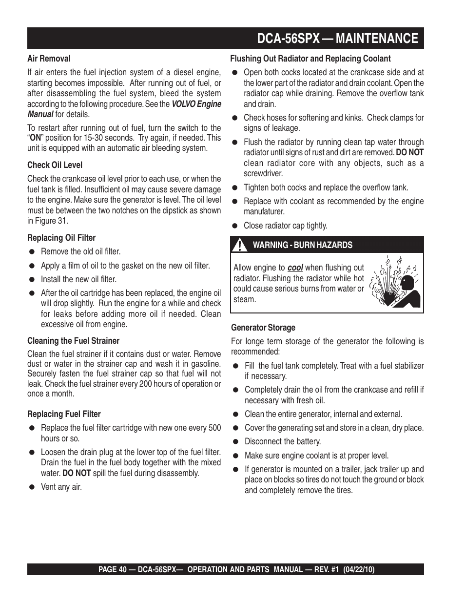 Dca-56spx — maintenance | Multiquip WHISPERWATTTM SERIES 60 Hz GENERATOR DCA-56SPX User Manual | Page 40 / 86