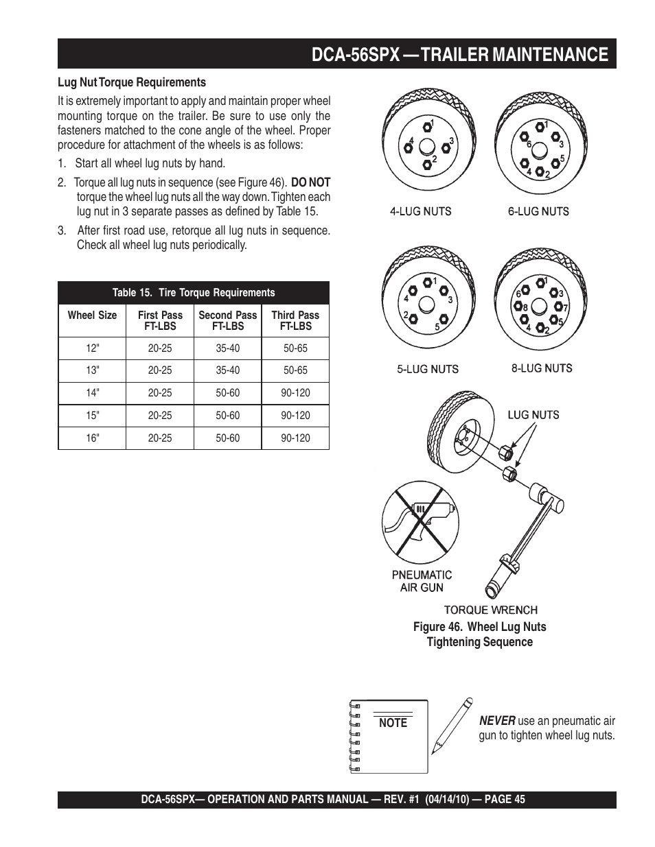 Dca-56spx — trailer maintenance | Multiquip WHISPERWATTTM SERIES 60 Hz GENERATOR DCA-56SPX User Manual | Page 45 / 86