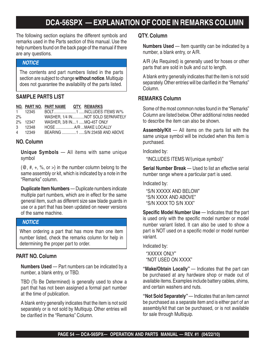 Dca-56spx — explanation of code in remarks column | Multiquip WHISPERWATTTM SERIES 60 Hz GENERATOR DCA-56SPX User Manual | Page 54 / 86