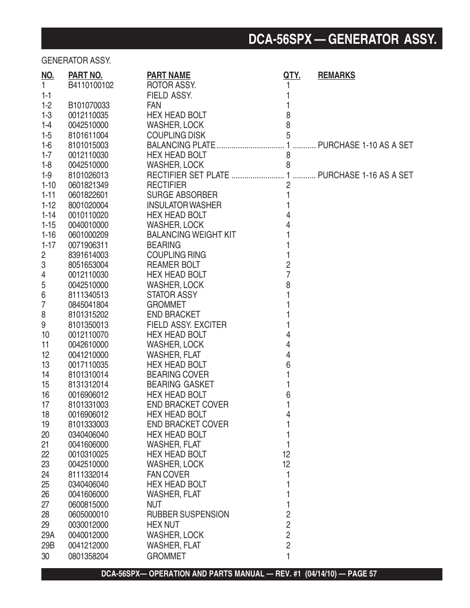 1dca-56spx — generator assy | Multiquip WHISPERWATTTM SERIES 60 Hz GENERATOR DCA-56SPX User Manual | Page 57 / 86