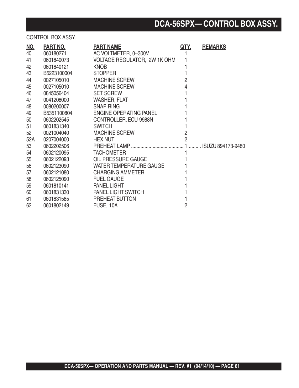 1dca-56spx— control box assy | Multiquip WHISPERWATTTM SERIES 60 Hz GENERATOR DCA-56SPX User Manual | Page 61 / 86
