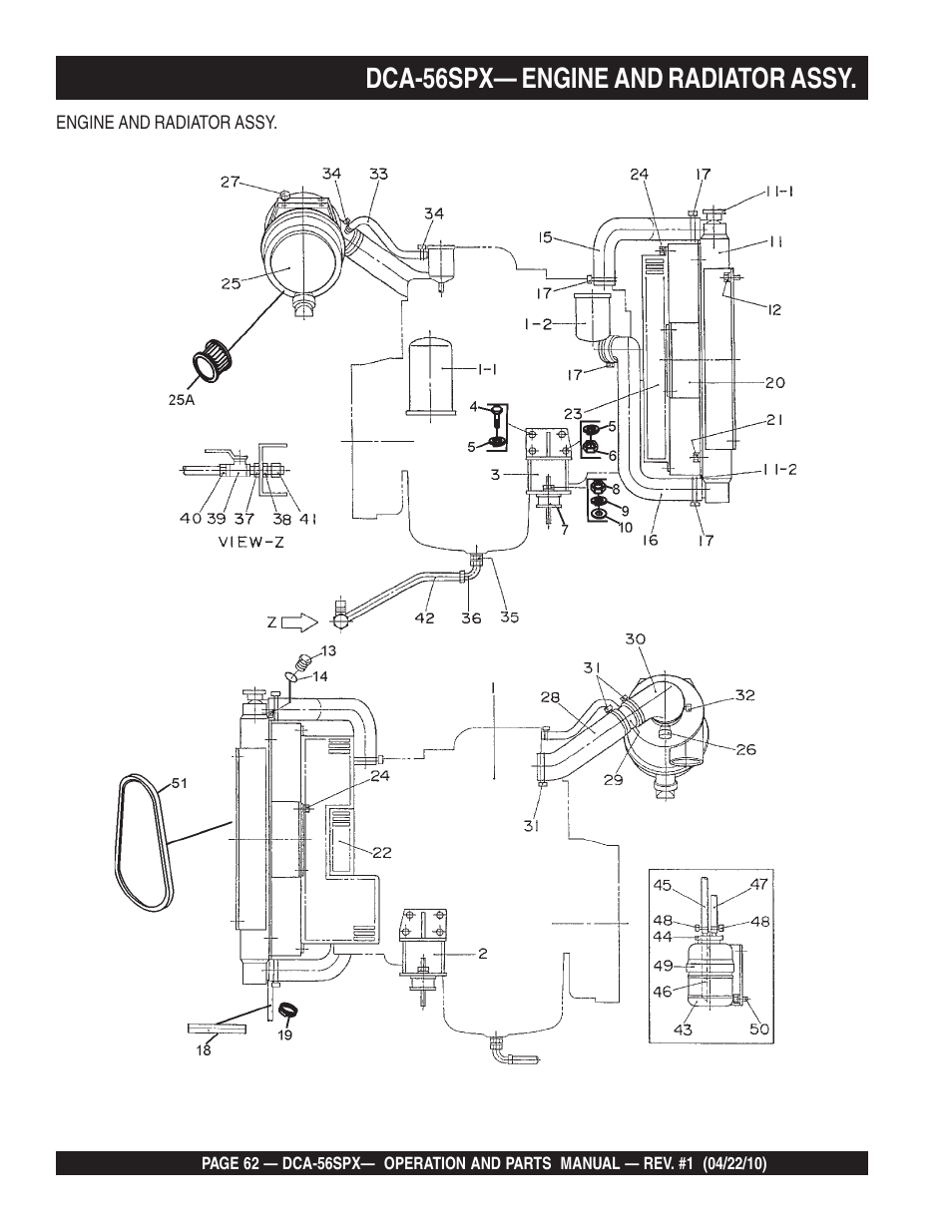 Dca-56spx— engine and radiator assy | Multiquip WHISPERWATTTM SERIES 60 Hz GENERATOR DCA-56SPX User Manual | Page 62 / 86