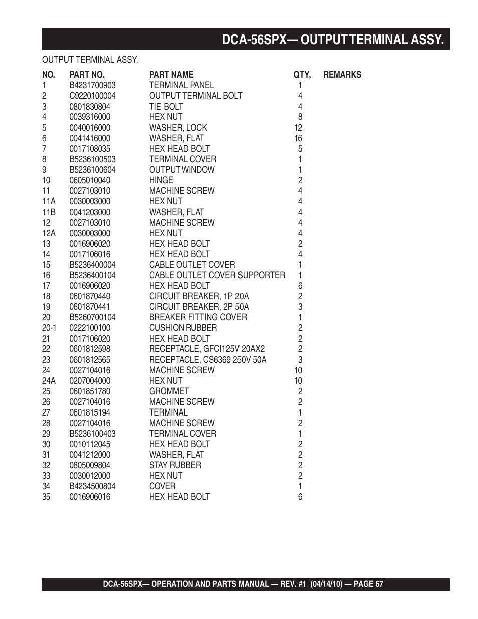 1dca-56spx— output terminal assy | Multiquip WHISPERWATTTM SERIES 60 Hz GENERATOR DCA-56SPX User Manual | Page 67 / 86