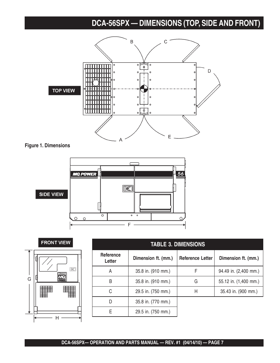 1dca-56spx — dimensions (top, side and front) | Multiquip WHISPERWATTTM SERIES 60 Hz GENERATOR DCA-56SPX User Manual | Page 7 / 86