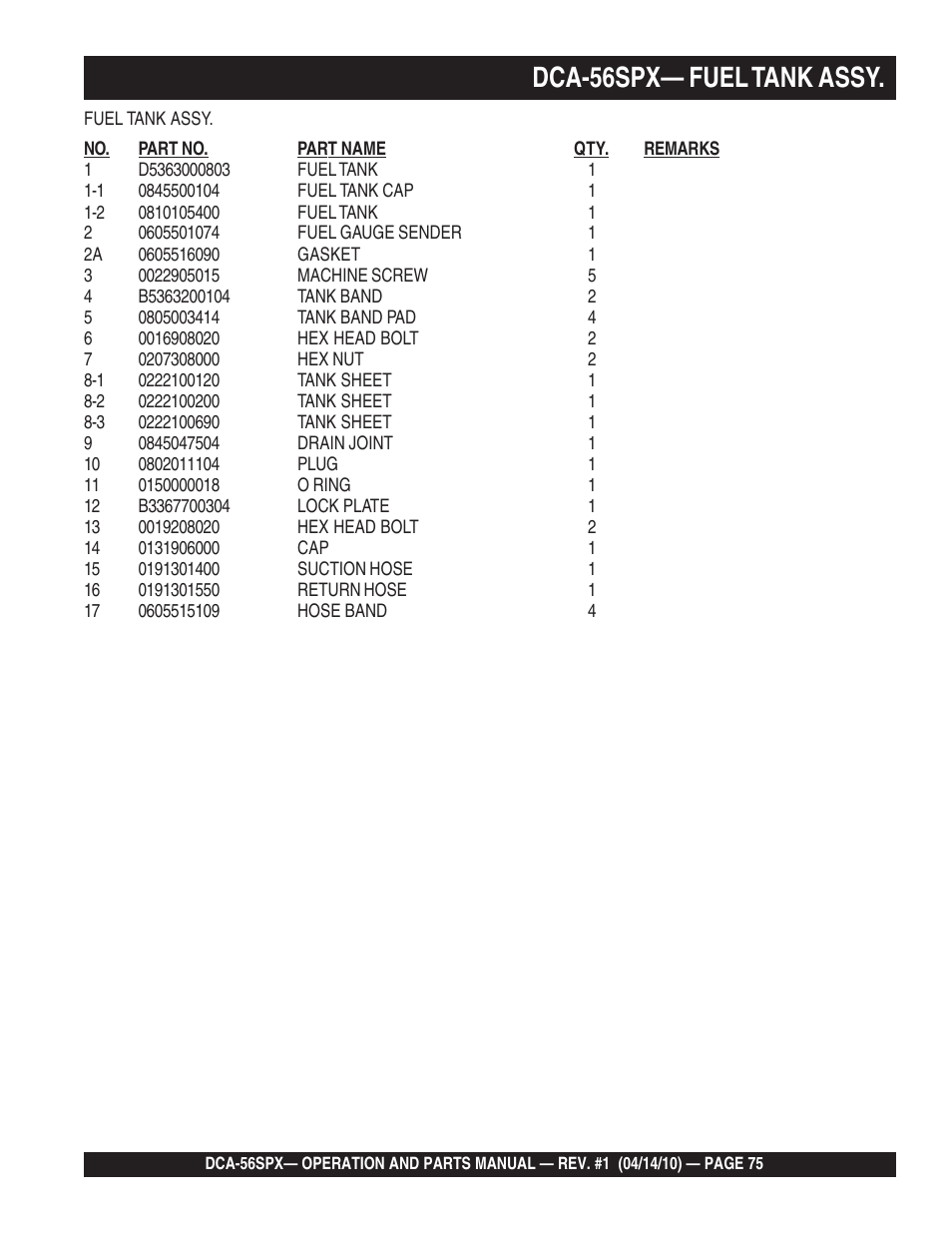 1dca-56spx— fuel tank assy | Multiquip WHISPERWATTTM SERIES 60 Hz GENERATOR DCA-56SPX User Manual | Page 75 / 86