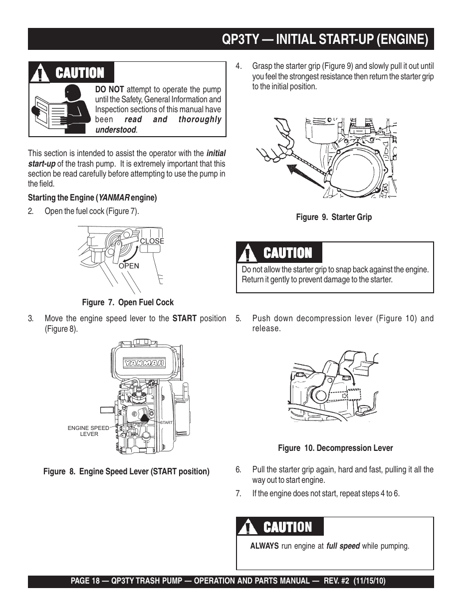 Qp3ty — initial start-up (engine), Caution, Cauti | Cauti caution | Multiquip Trash Pump QP3TY User Manual | Page 18 / 56