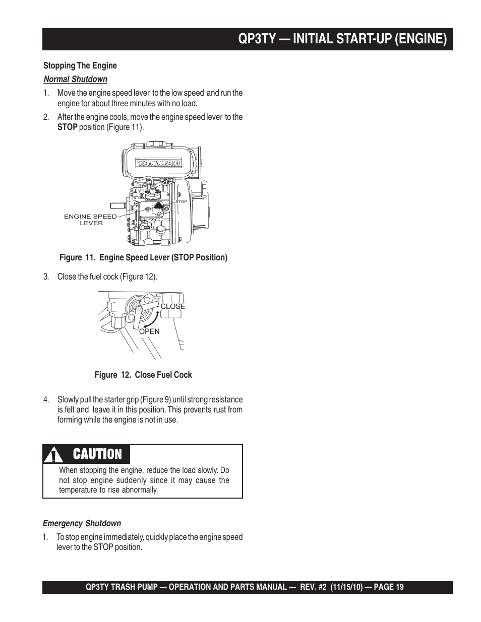 Qp3ty — initial start-up (engine), Cauti, Cauti caution | Multiquip Trash Pump QP3TY User Manual | Page 19 / 56