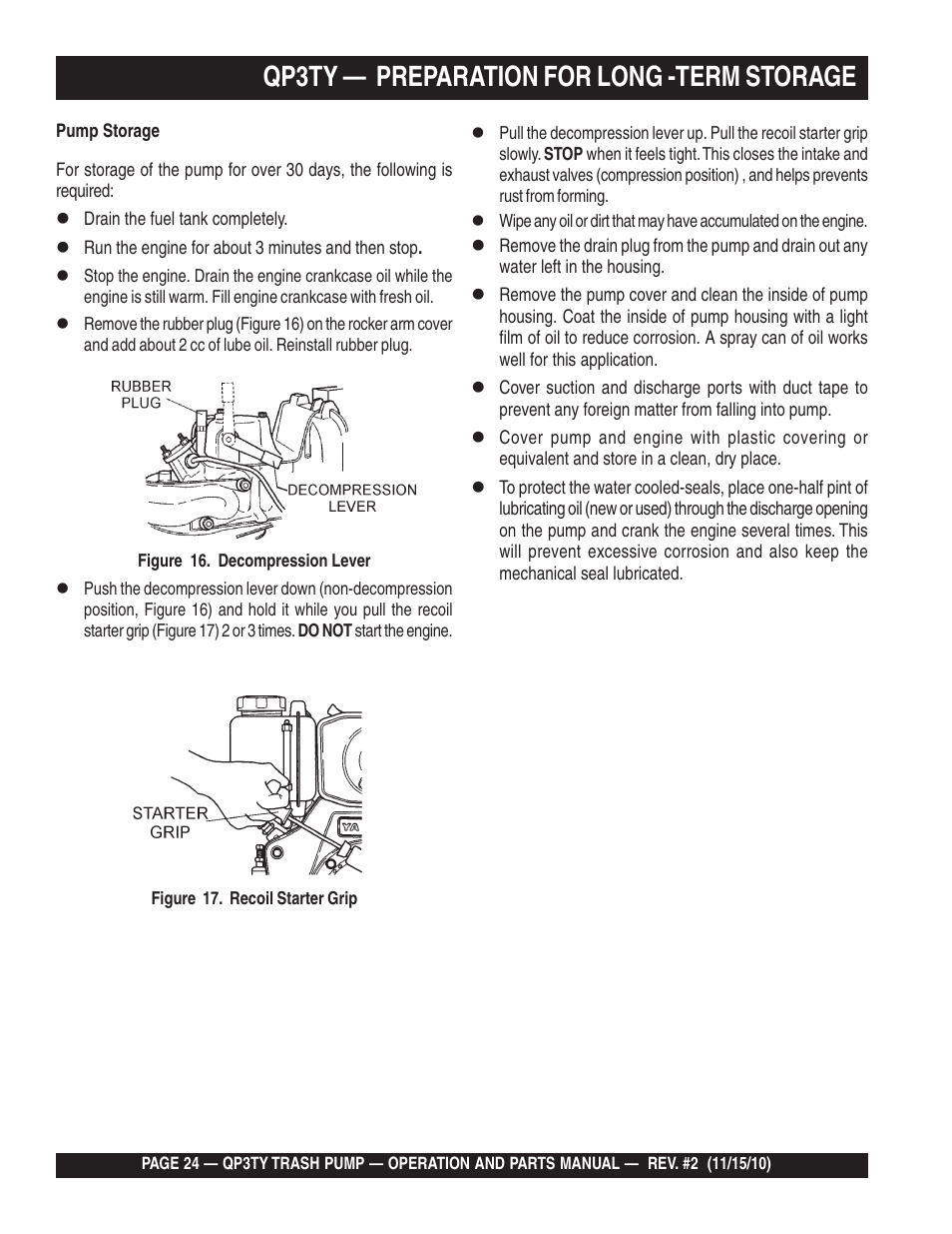 Qp3ty — preparation for long -term storage | Multiquip Trash Pump QP3TY User Manual | Page 24 / 56