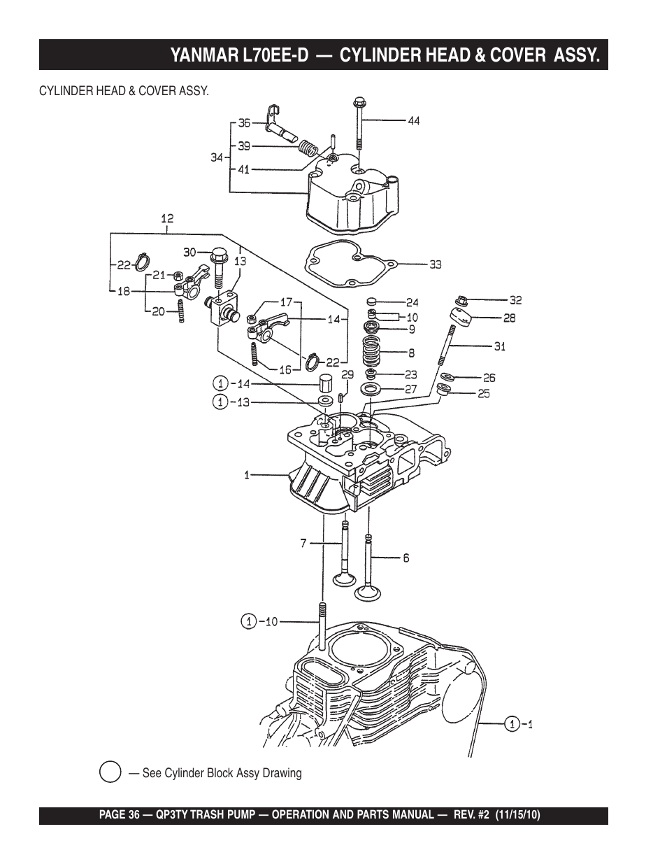 Yanmar l70ee-d — cylinder head & cover assy | Multiquip Trash Pump QP3TY User Manual | Page 36 / 56