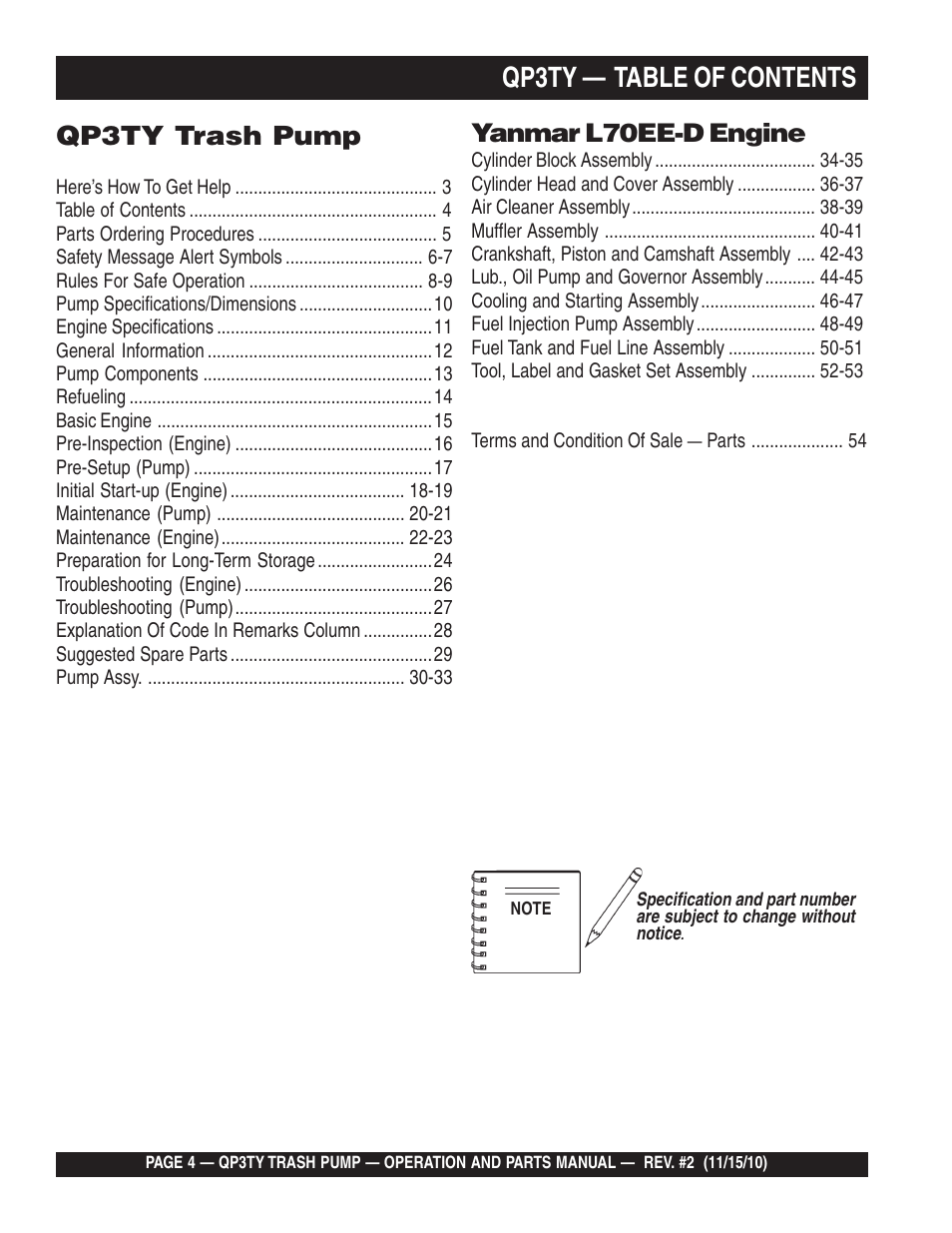 Qp3ty — table of contents, Qp3ty trash pump, Yanmar l70ee-d engine | Multiquip Trash Pump QP3TY User Manual | Page 4 / 56