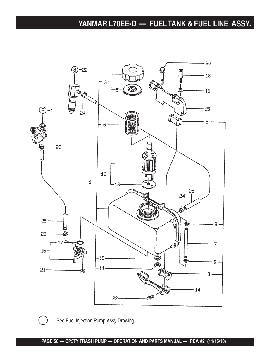 Yanmar l70ee-d — fuel tank & fuel line assy | Multiquip Trash Pump QP3TY User Manual | Page 50 / 56