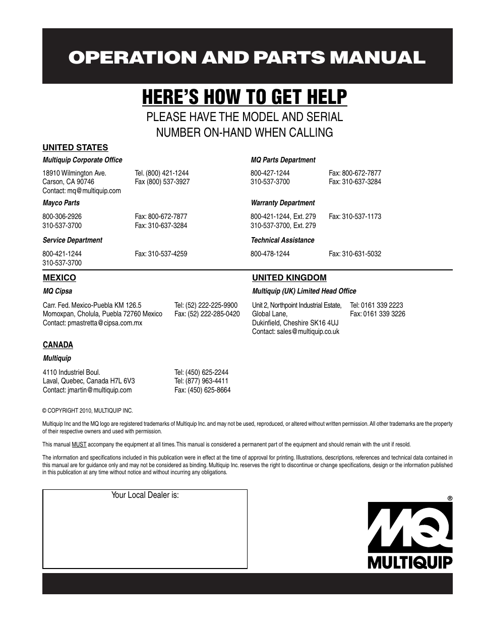 Here’s how to get help, Operation and parts manual | Multiquip Trash Pump QP3TY User Manual | Page 56 / 56