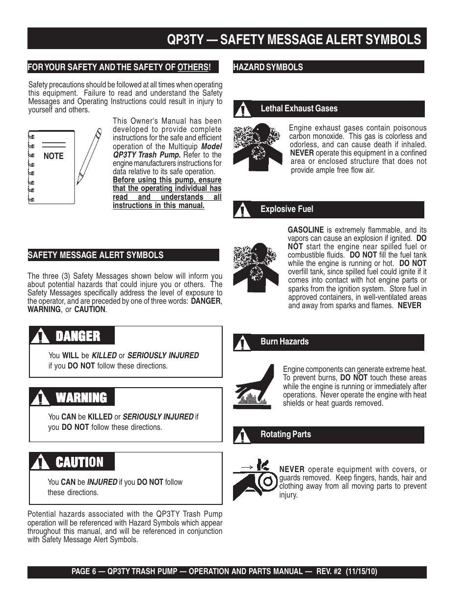 Qp3ty — safety message alert symbols, Danger, Warning | Cauti, Cauti caution | Multiquip Trash Pump QP3TY User Manual | Page 6 / 56