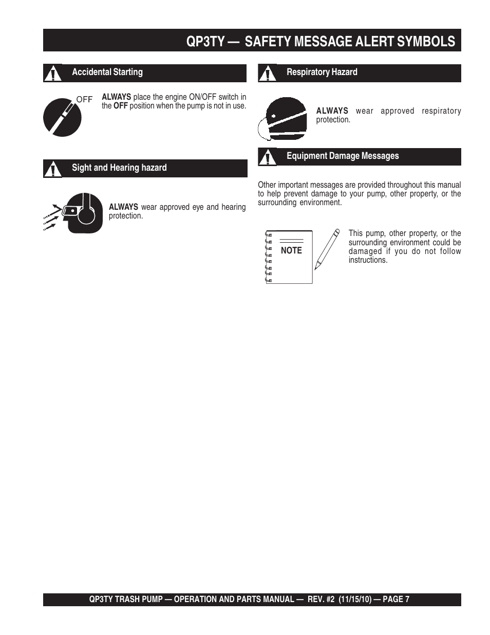 Qp3ty — safety message alert symbols | Multiquip Trash Pump QP3TY User Manual | Page 7 / 56