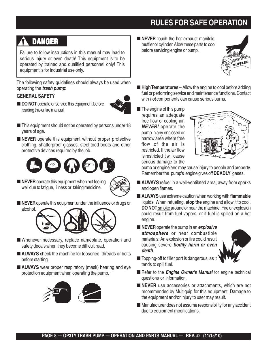 Rules for safe operation, Danger | Multiquip Trash Pump QP3TY User Manual | Page 8 / 56