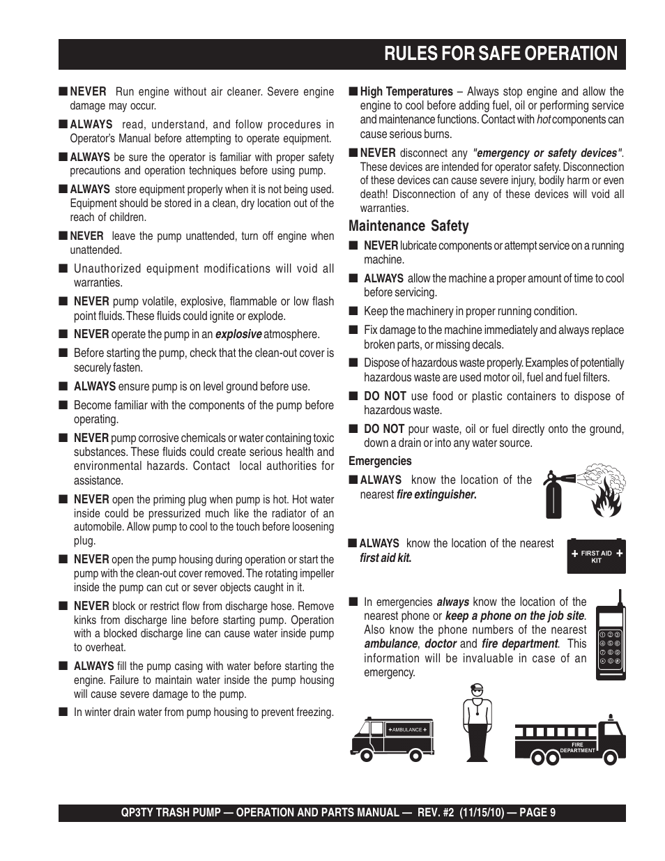 Rules for safe operation, Maintenance safety | Multiquip Trash Pump QP3TY User Manual | Page 9 / 56