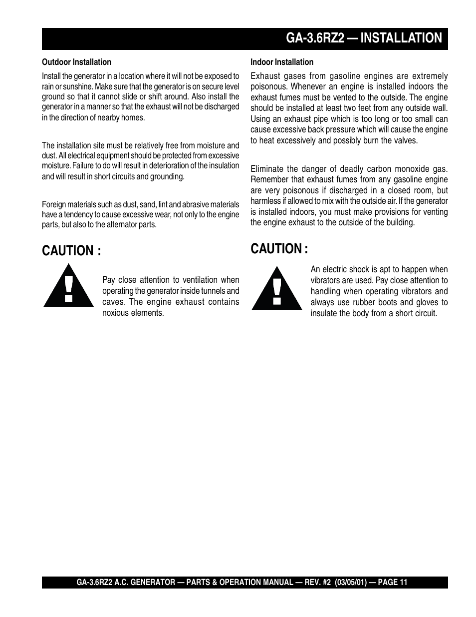 Ga-3.6rz2 — installation, Caution | Multiquip A.C. Generator GA-3.6RZ2 User Manual | Page 11 / 52