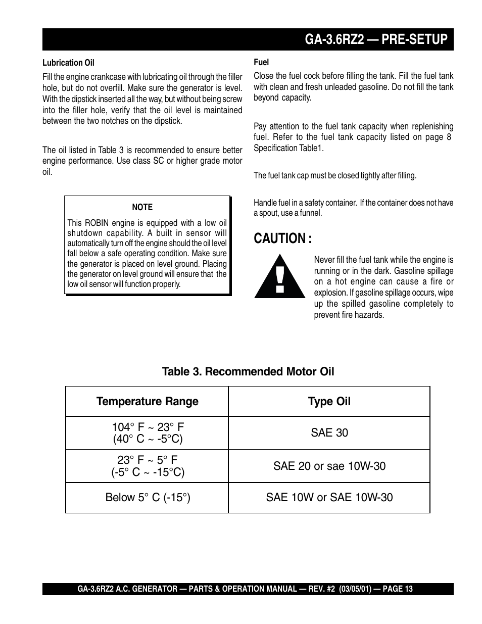 Caution, Ga-3.6rz2 — pre-setup | Multiquip A.C. Generator GA-3.6RZ2 User Manual | Page 13 / 52