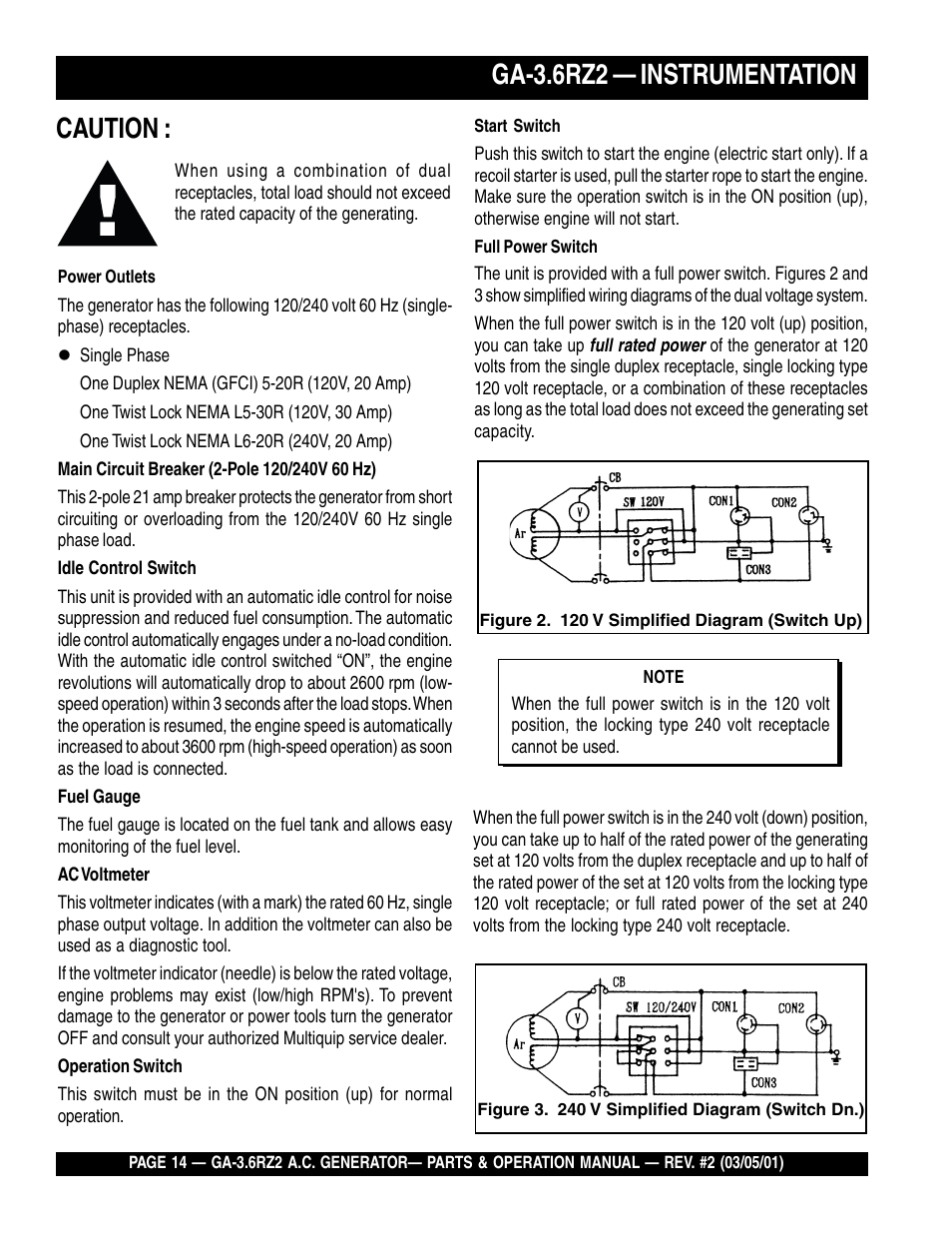 Ga-3.6rz2 — instrumentation, Caution | Multiquip A.C. Generator GA-3.6RZ2 User Manual | Page 14 / 52