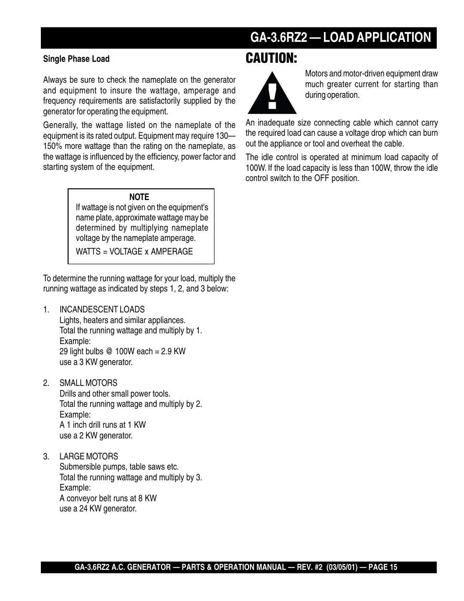 Ga-3.6rz2 — load application, Caution | Multiquip A.C. Generator GA-3.6RZ2 User Manual | Page 15 / 52