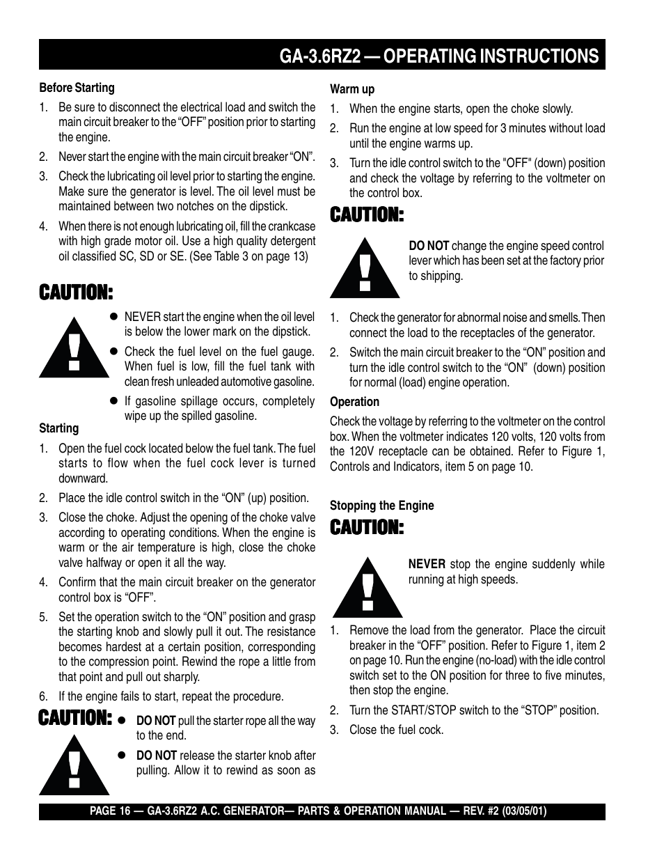 Ga-3.6rz2 — operating instructions, Caution | Multiquip A.C. Generator GA-3.6RZ2 User Manual | Page 16 / 52