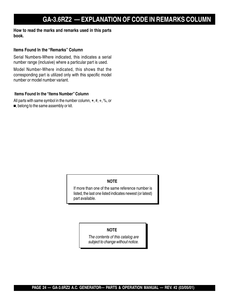 Ga-3.6rz2 — explanation of code in remarks column | Multiquip A.C. Generator GA-3.6RZ2 User Manual | Page 24 / 52