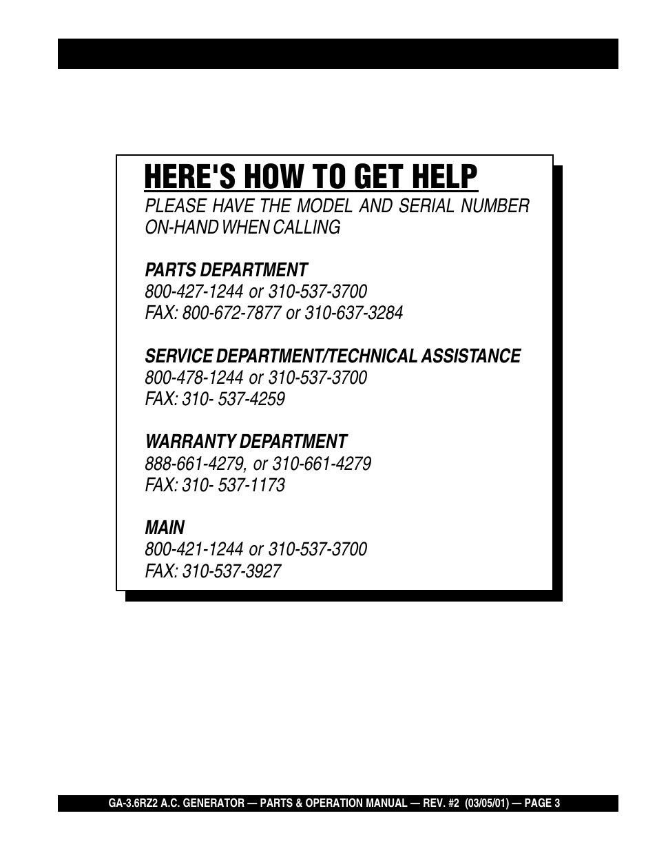 Here's how to get help | Multiquip A.C. Generator GA-3.6RZ2 User Manual | Page 3 / 52