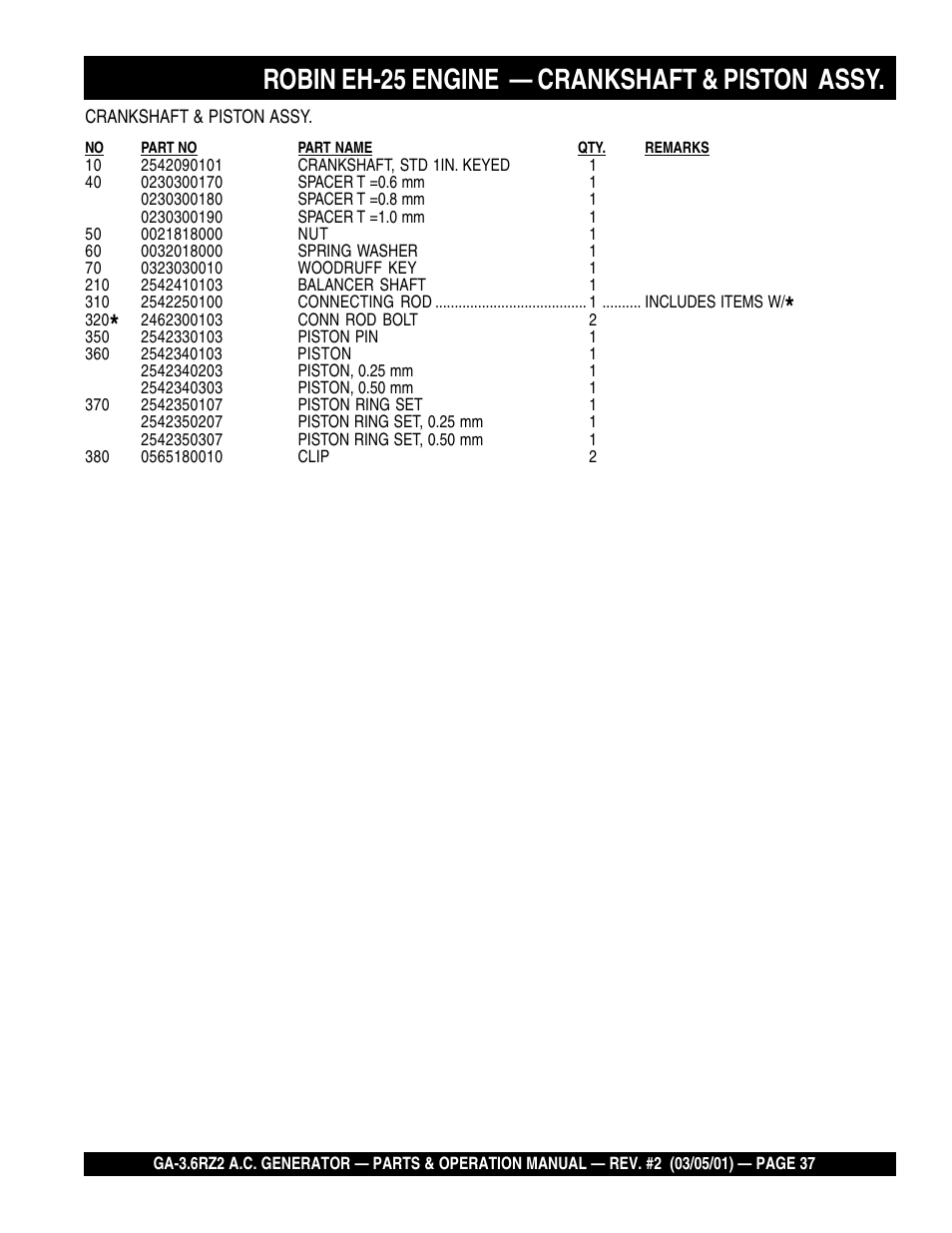 Robin eh-25 engine — crankshaft & piston assy | Multiquip A.C. Generator GA-3.6RZ2 User Manual | Page 37 / 52