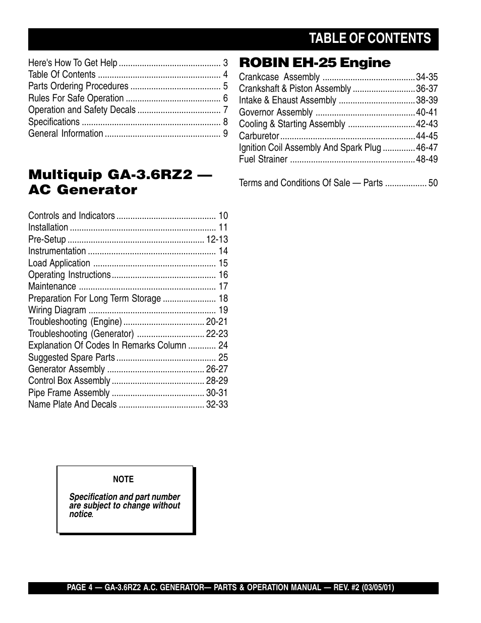 Multiquip A.C. Generator GA-3.6RZ2 User Manual | Page 4 / 52