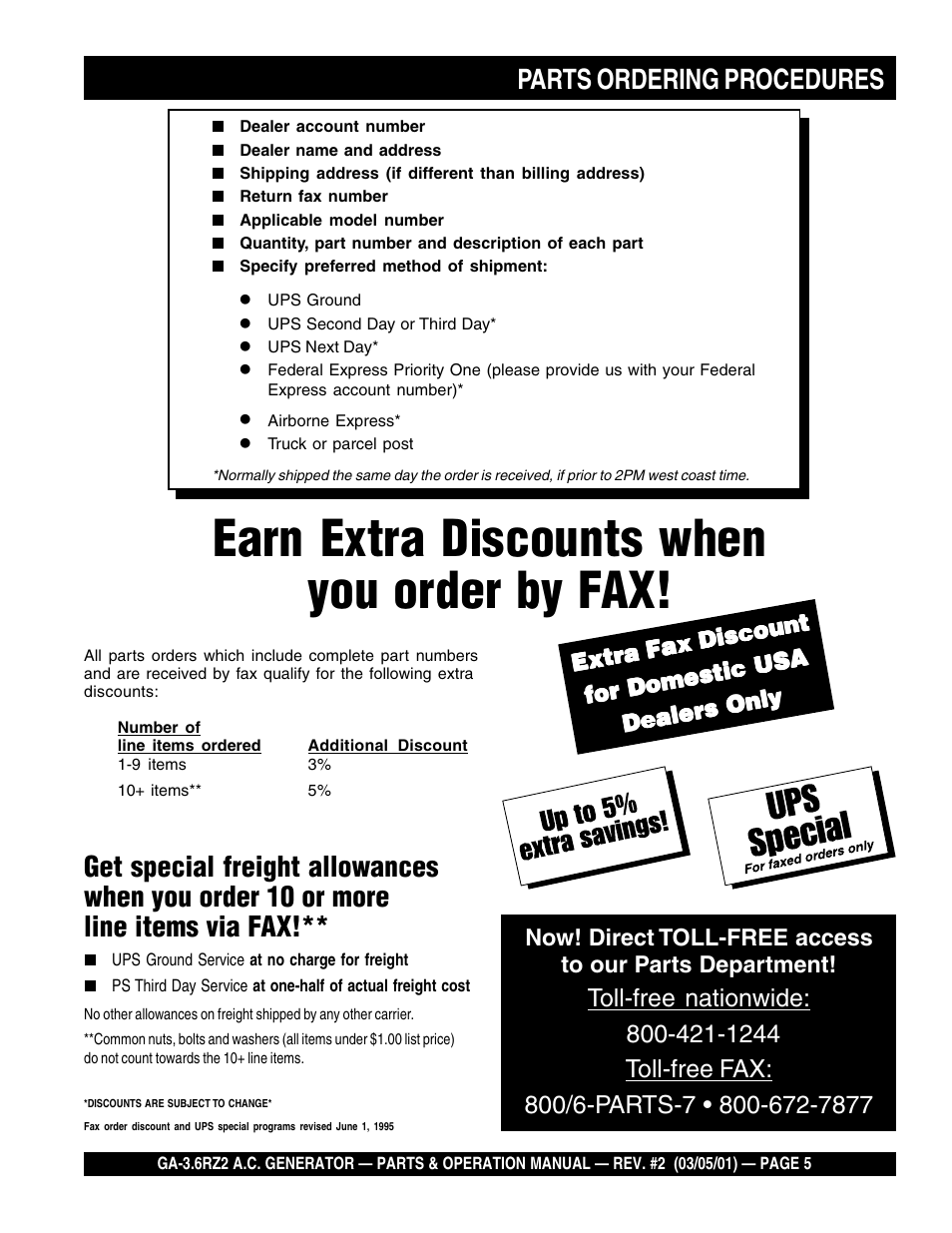 Earn extra discounts when you order by fax | Multiquip A.C. Generator GA-3.6RZ2 User Manual | Page 5 / 52