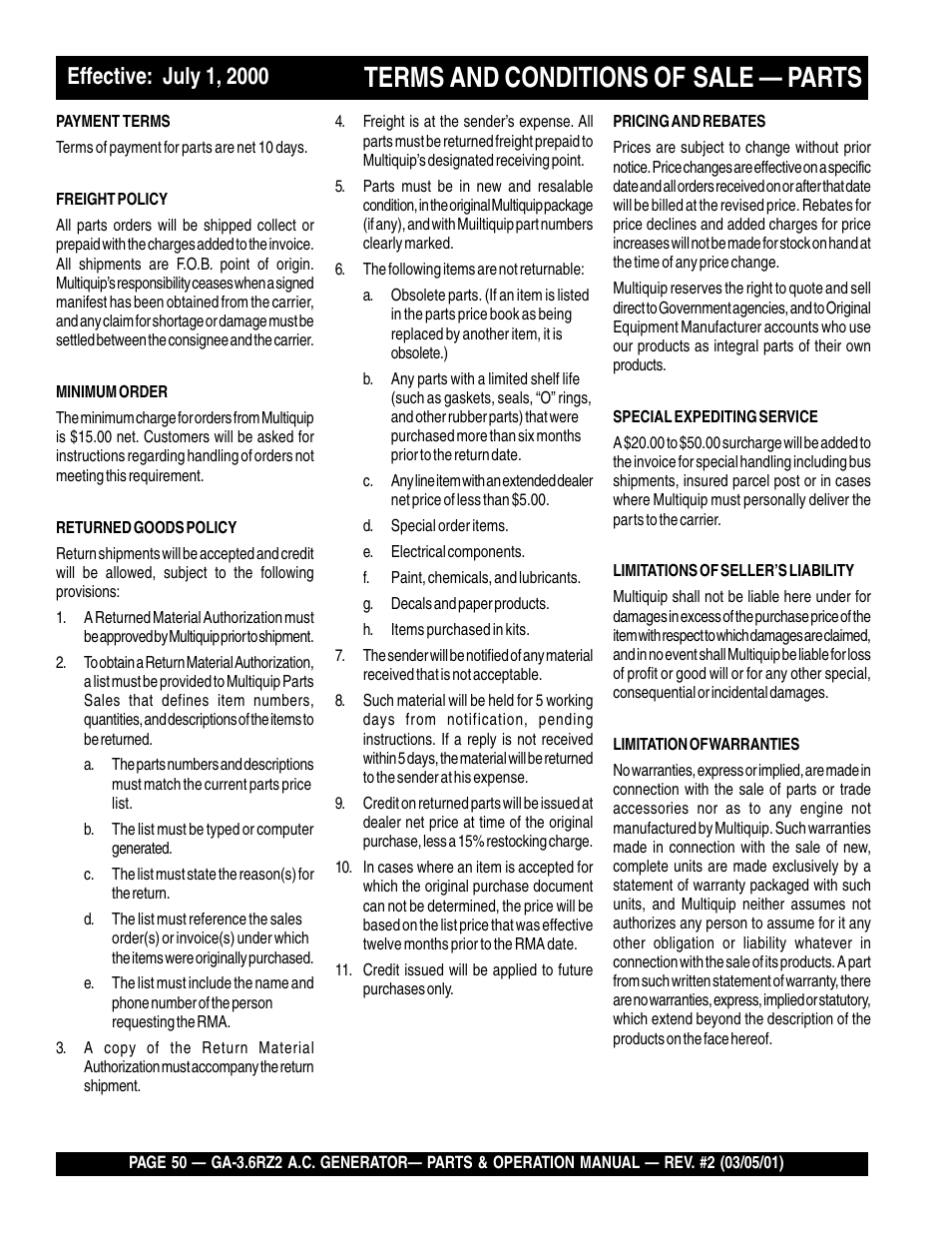 Terms and conditions of, Sale — parts | Multiquip A.C. Generator GA-3.6RZ2 User Manual | Page 50 / 52