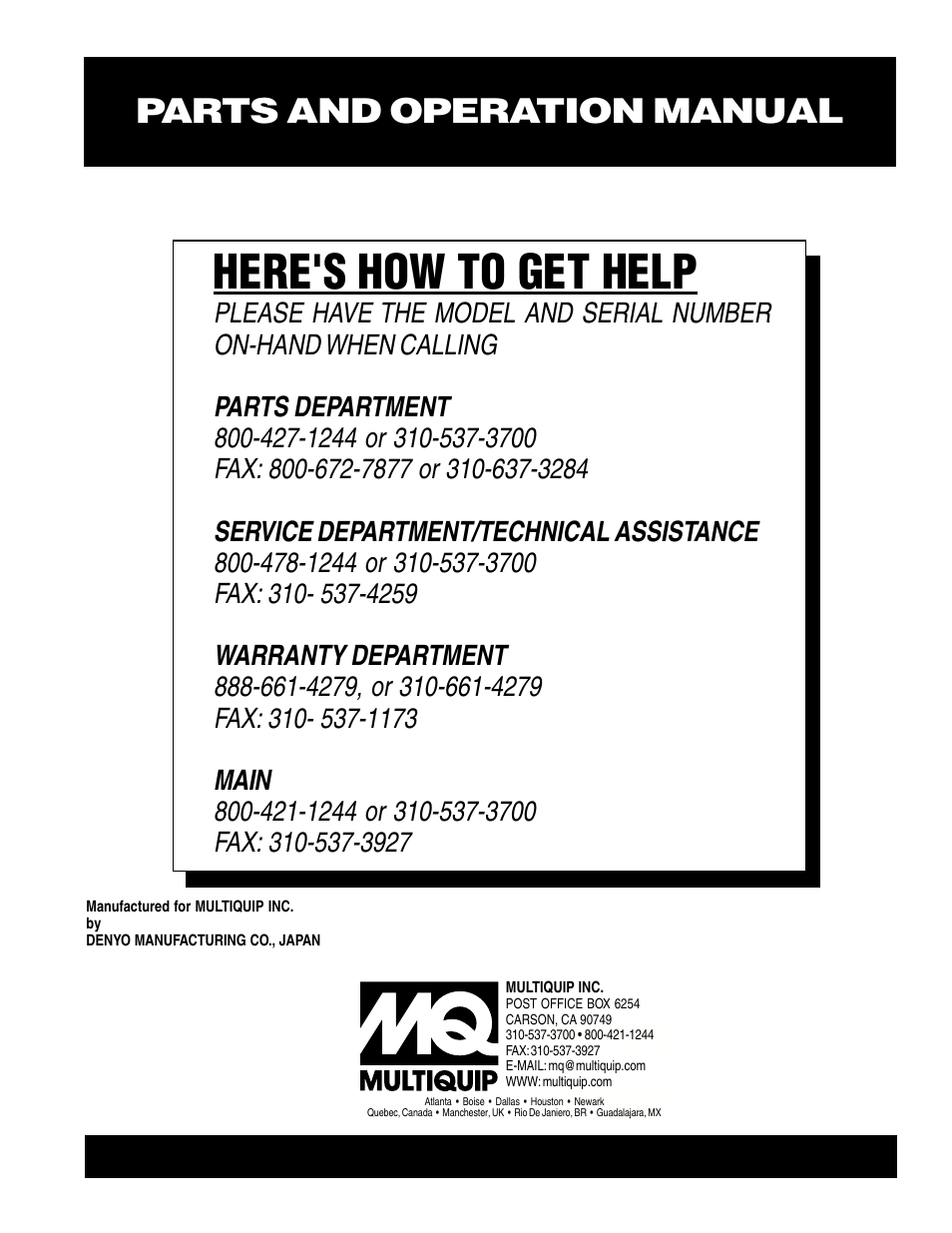 Here's how to get help, Parts and operation manual | Multiquip A.C. Generator GA-3.6RZ2 User Manual | Page 52 / 52