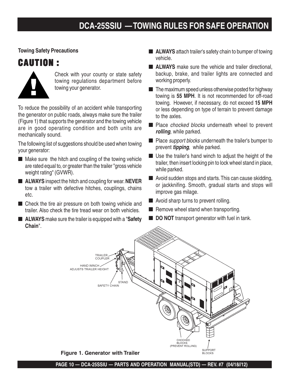 Caution, Dca-25ssiu — towing rules for safe operation | Multiquip Wisperwatt Generator DCA25SSIU User Manual | Page 10 / 142