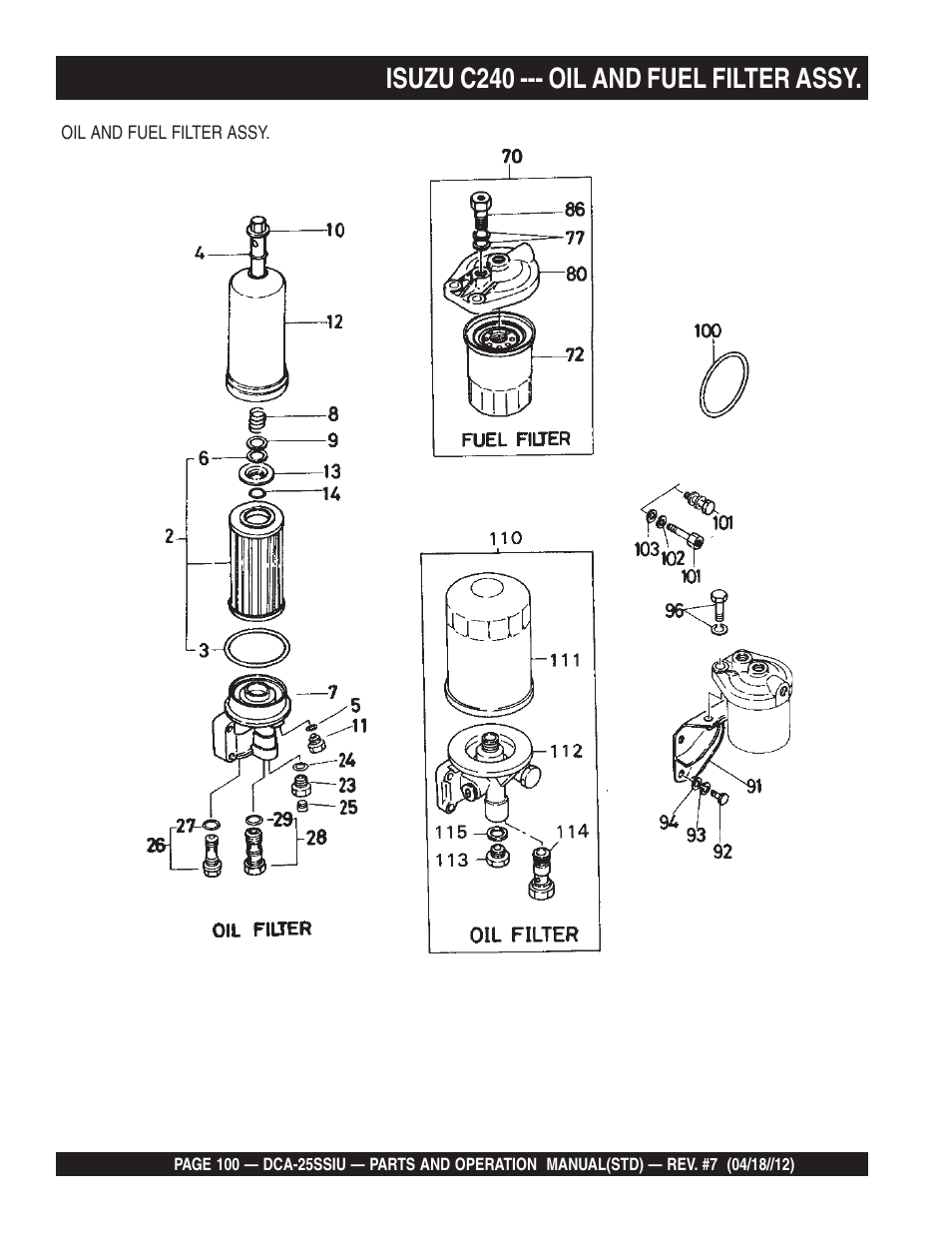 Isuzu c240 --- oil and fuel filter assy | Multiquip Wisperwatt Generator DCA25SSIU User Manual | Page 100 / 142