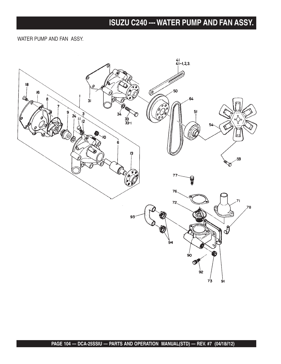 Isuzu c240 --- water pump and fan assy | Multiquip Wisperwatt Generator DCA25SSIU User Manual | Page 104 / 142