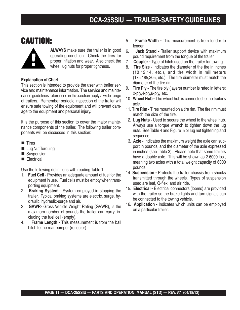 Caution, Dca-25ssiu — trailer-safety guidelines | Multiquip Wisperwatt Generator DCA25SSIU User Manual | Page 11 / 142