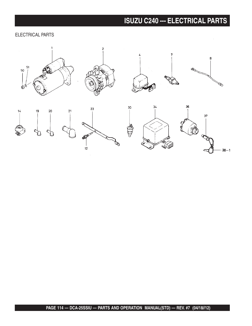 Isuzu c240 --- electrical parts | Multiquip Wisperwatt Generator DCA25SSIU User Manual | Page 114 / 142