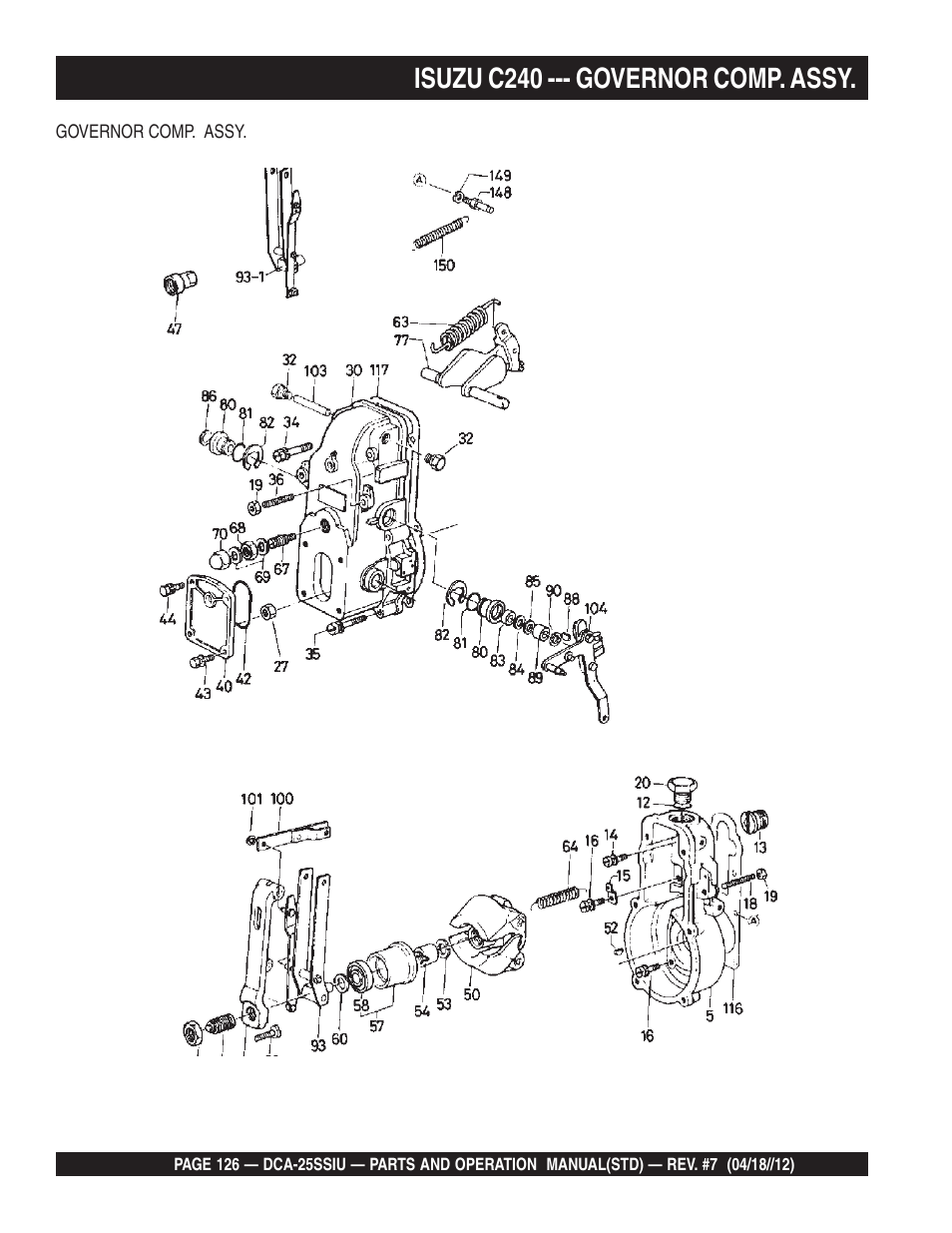 Isuzu c240 --- governor comp. assy | Multiquip Wisperwatt Generator DCA25SSIU User Manual | Page 126 / 142