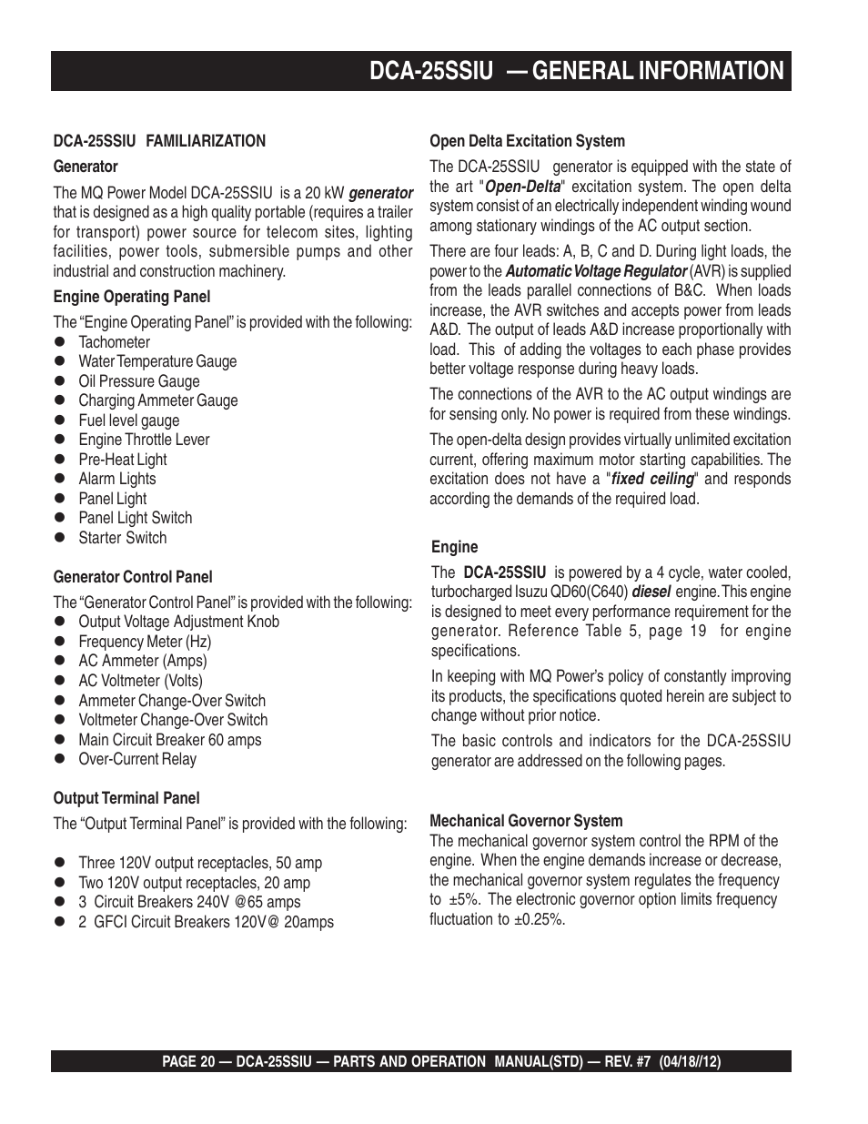 Dca-25ssiu — general information | Multiquip Wisperwatt Generator DCA25SSIU User Manual | Page 20 / 142